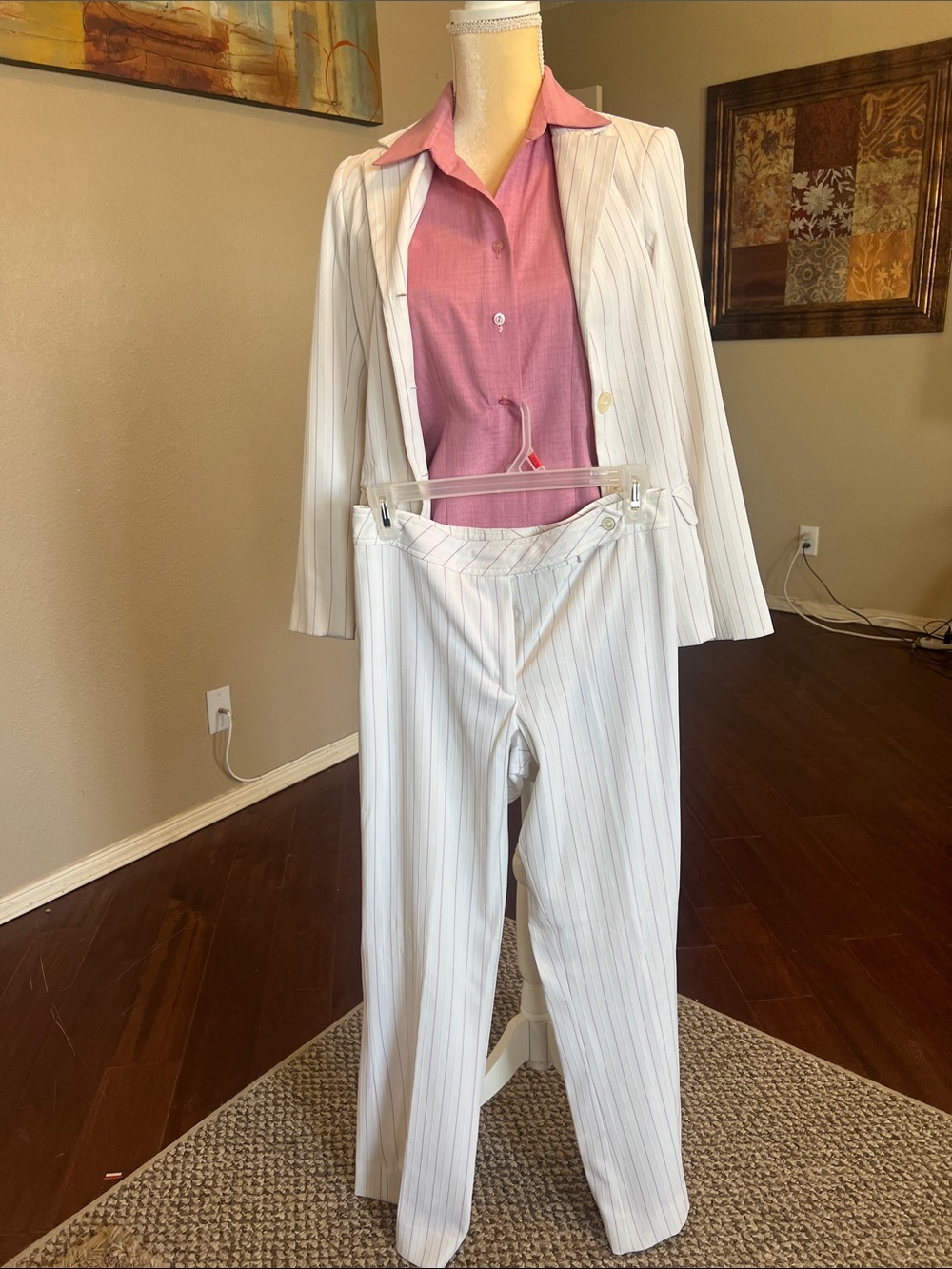 White Pinstripe Women's Dress Trousers with Pink Blouse